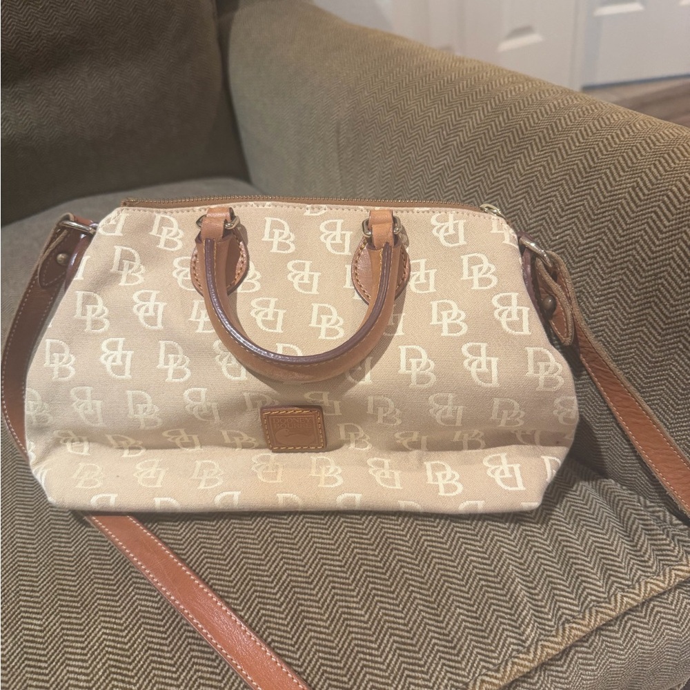 Dooney & Bourke Cream Logo Satchel with Brown Leather Trim